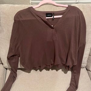 Brown boxy knit oversized Henley sweater top long sleeve button crop comfy